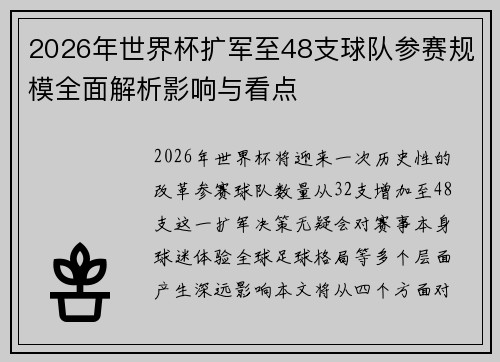 2026年世界杯扩军至48支球队参赛规模全面解析影响与看点 2026年世界杯扩军至48支球队参赛规模全面解析影响与看点