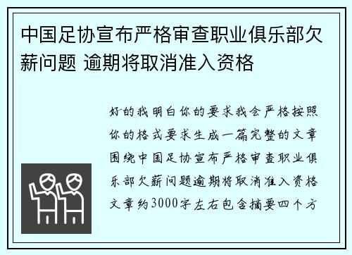中国足协宣布严格审查职业俱乐部欠薪问题 逾期将取消准入资格